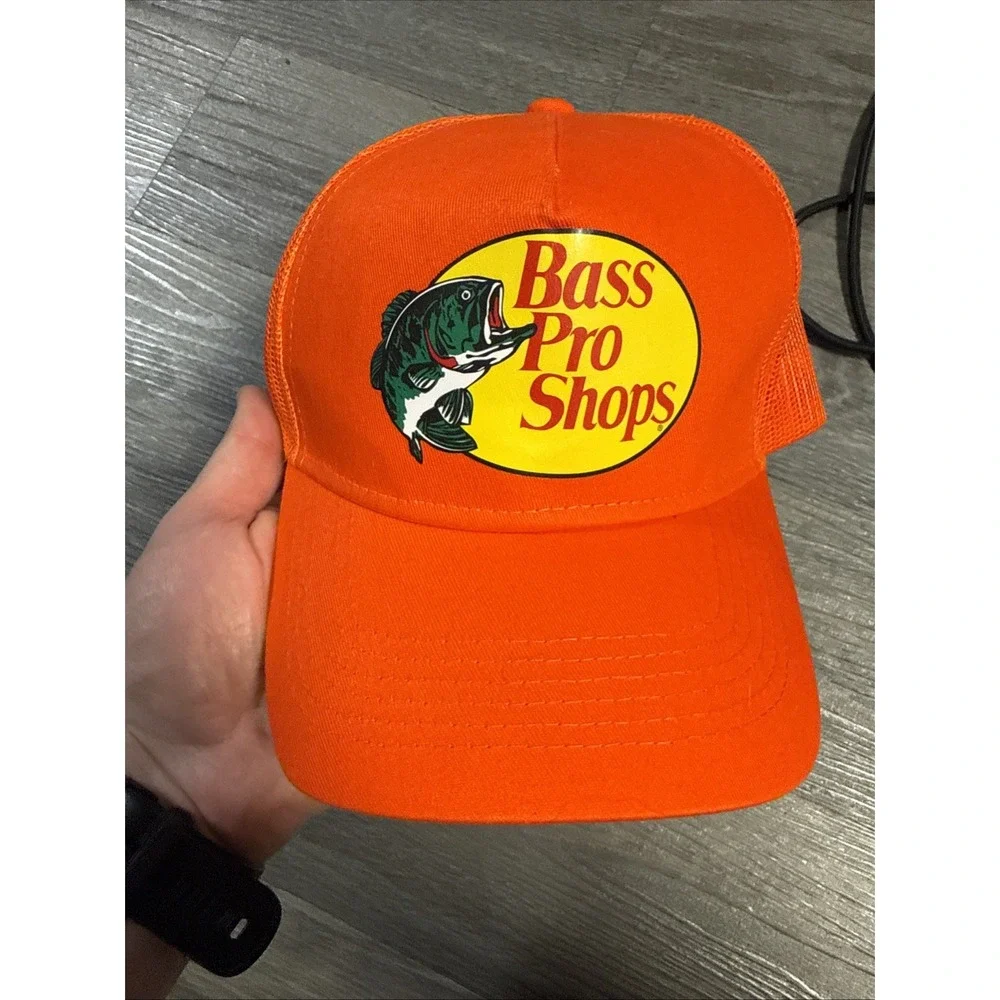 Bass Pro Shops Fish Logo Trucker Hat Cap, Adjustable Orange Green Mesh